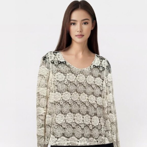 Acemi Top crochet white lace vintage look long sleeve top Sz L - Picture 1 of 8